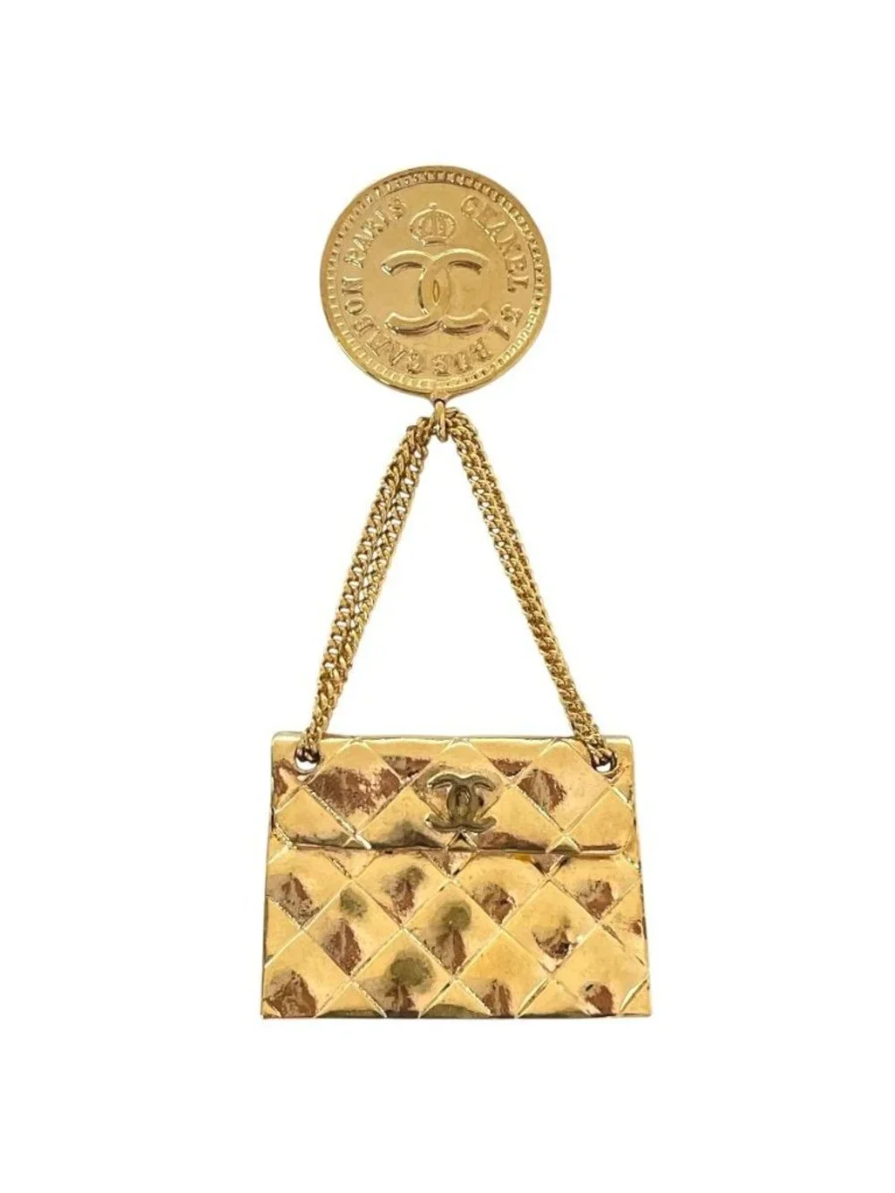 Chanel Brooch Quilted Bag Metal Gold Light Weight Power
